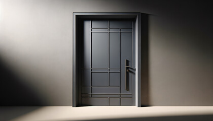 Minimalist backdoor with sleek handle in matte navy, surrounded by vibrant geometric shapes.