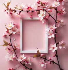 Pink Flowers in Picture Frame on Pink Background