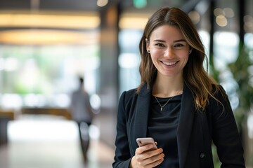 A young professional woman in an office setting, well dressed but still casual, holding her phone, looking with a friendly smile, she looks in charge, shot with a portrait lens - obrazy, fototapety, plakaty