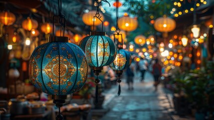 A row of lanterns illuminating a city street at night