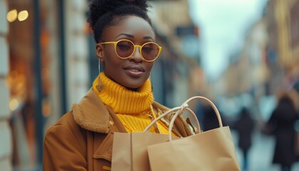 Woman in Yellow Scarf and Sunglasses Holding Shopping Bags