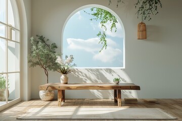 Room With Bench, Potted Plants, and Window - 754497596