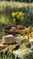 Picnic in the meadow with lemons, bread and straw hat