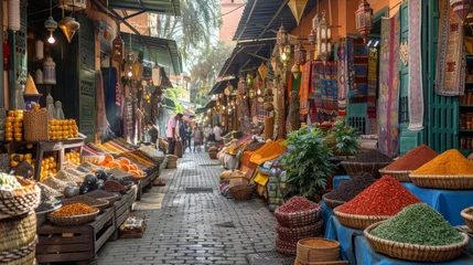 Zelfklevend Fotobehang Spices fill the narrow street in a bustling marketplace © yuchen