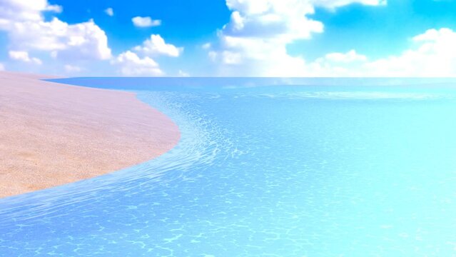 A white sand beach with big clear turquoise water and blue sky on the horizon as 3d modeling cartoon anime style modeling seamless blue ocean waving and caustics animation for your background stuff.