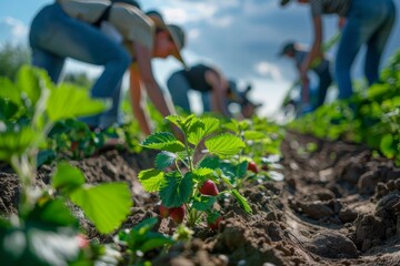 Group of People Picking Strawberries From a Field