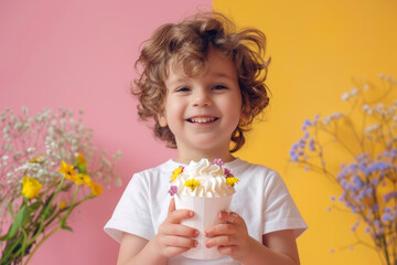 A cute little boy with curly hair, wearing white short sleeves and holding flowers in his hand is smiling happily at the camera, standing against a pink yellow background.