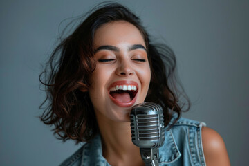 Portrait of a beautiful young woman with a retro microphone on a grey background, singing and smiling. A concept of people in a music studio