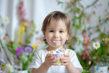 Cute child eating cream in a white cup, flowers around them, spring background, in the style of portrait photography, a happy face, a white tshirt, natural light, colorful flower decorations, childlik
