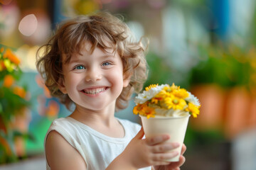 smiling child holding ice cream cup with flowers, stock photo, bokeh background, blurred background, bright colors, sunny day, outdoor flower shop