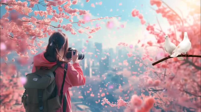 Person taking pictures of cityscape with doves sit on tree. Seamless looping time lapse 4k video animation background