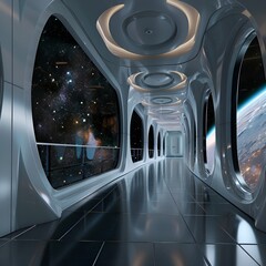 Modern Futuristic Spaceship Interior with Blue Lights