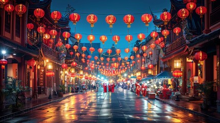A street in the city adorned with many red lanterns hanging from buildings