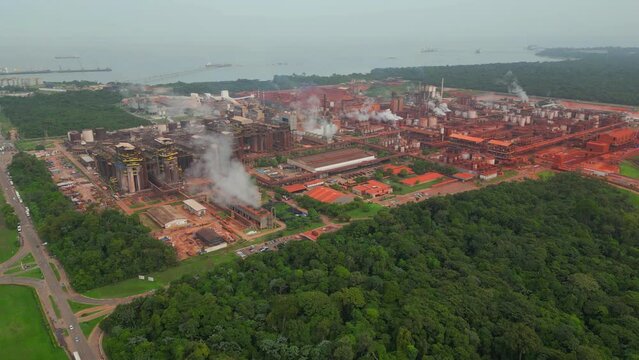 Aerial view of an alumina refinery in Barcarena, Para state, Brazil. Alumina is the raw material for aluminum and is produced from bauxite ore.