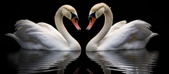 Naklejka premium Two white swans sit gracefully on the calm surface of a body of water, their elegant forms mirrored in the liquid below.