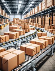 Cardboard boxes on conveyor belts and rows of boxes in a distribution warehouse