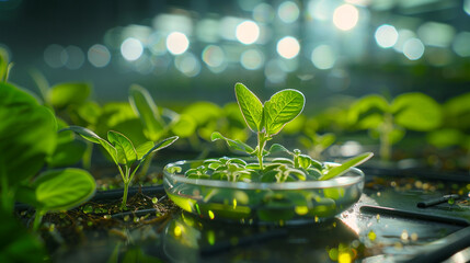Genetically modified seeds glowing in a petri dish, set against a backdrop of futuristic greenhouses, with copy space - obrazy, fototapety, plakaty