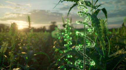 A 3D holographic projection of a DNA strand within a crop field, symbolizing the genetic enhancement of plants, with copy space - obrazy, fototapety, plakaty
