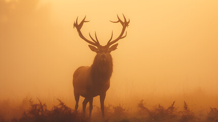Red Deer Stag Silhouette in the Mist and Glossy Horns, Generative Ai