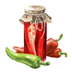 Canned Red hot chili pepper. Hand drawn watercolor illustration, isolated on white background  - 754499142