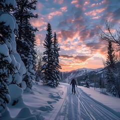Cross Country Skier on Trail at Sunset - obrazy, fototapety, plakaty