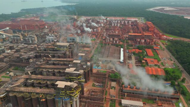 Aerial view of an alumina refinery in Barcarena, Para state, Brazil. Alumina is the raw material for aluminum and is produced from bauxite ore.