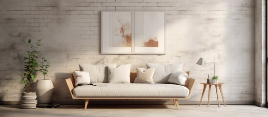 A modern living room featuring a sleek white couch against a white brick wall. The room exudes a clean and minimalist aesthetic with a touch of Scandinavian design.