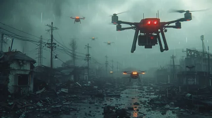 Zelfklevend Fotobehang A network of autonomous drones coordinating a search and rescue mission in a disaster-stricken area, leveraging AI algorithms to locate survivors and deliver aid. © Amazing-World