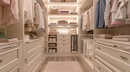 Minimalist Elegance: Organized Luxury Closet in Beige. Generative AI