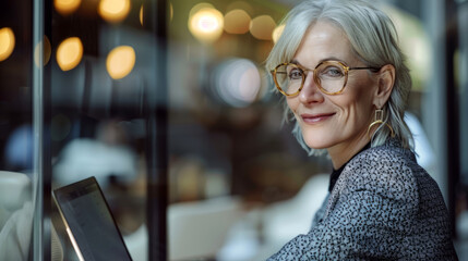 happy business woman  sitting in office working on laptop