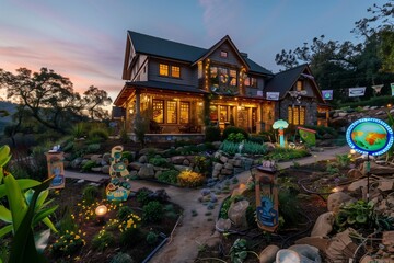 Obraz premium A traditional home nestled on a hill, its façade and surroundings festooned with Earth Day decorations that pay homage to the planet's natural beauty.