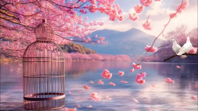 Doves sit on tree branches, birdcage hang in cherry blossom tree above a lake. Seamless looping time lapse 4k video animation background