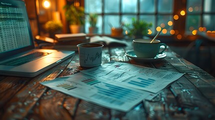 Elegant office desk with 'Business Audit' reports spread out, a cup of coffee, and a digital screen showing stock market insights, blending traditional and modern analysis methods