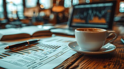 Elegant office desk with 'Business Audit' reports spread out, a cup of coffee, and a digital screen showing stock market insights, blending traditional and modern analysis methods - obrazy, fototapety, plakaty