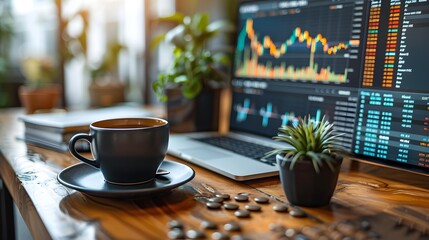 Elegant office desk with 'Business Audit' reports spread out, a cup of coffee, and a digital screen showing stock market insights, blending traditional and modern analysis methods