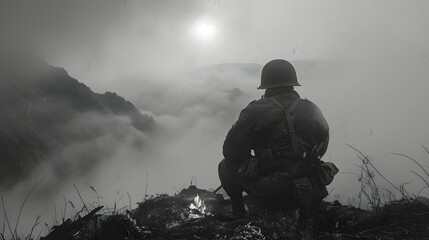 
Lonely soldier seated beside a small fire, lost in thought, with his weapon resting beside him, the distant sounds of nature his only company