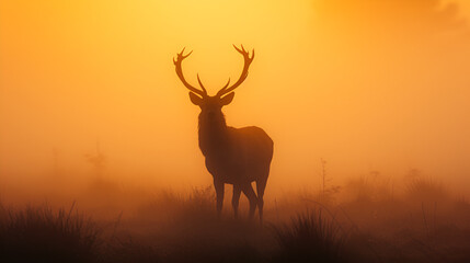 Fototapeta na wymiar Red Deer Stag Silhouette in the Mist and Glossy Horns, Generative Ai