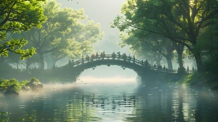 A bridge spanning a serene lake, connecting two lands, with people from both sides meeting in the middle to exchange gifts and stories, a testament to friendship and peace - obrazy, fototapety, plakaty