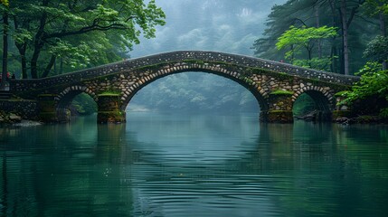 Fototapeta premium A bridge spanning a serene lake, connecting two lands, with people from both sides meeting in the middle to exchange gifts and stories, a testament to friendship and peace