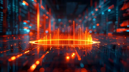 
A dynamic 3D pie chart and bar graphs representing 'Business Audit' data, floating above a virtual stock market floor, symbolizing precision and strategy