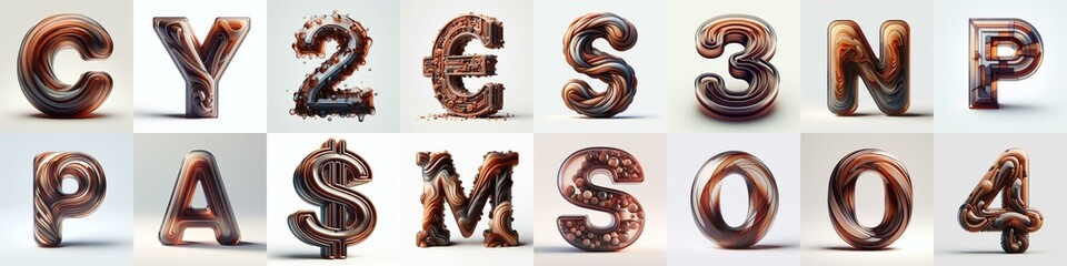 Brown glass 3D Lettering Typeface. AI generated illustration