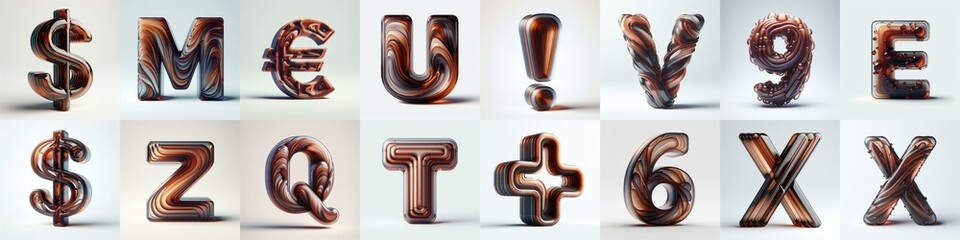 Brown glass 3D Lettering Typeface. AI generated illustration