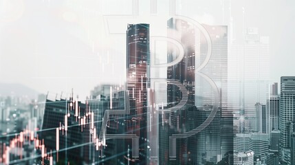 Fototapeta na wymiar a stock graph and stacked bitcoin and a modern cityscape, double exposure