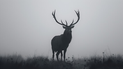 Naklejka na ściany i meble Red Deer Stag Silhouette in the Mist and Glossy Horns, Generative Ai