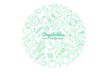 Round Frame background of organic farm fresh vegetables.  Hand drawn illustration for backgrounds, card, posters, banners. Vector icons.