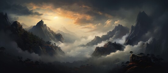 A painting showcasing a grand mountain landscape under a veil of dense clouds. The rugged silhouette of the mountains stands boldly against the cloudy sky, creating a dramatic and striking contrast.