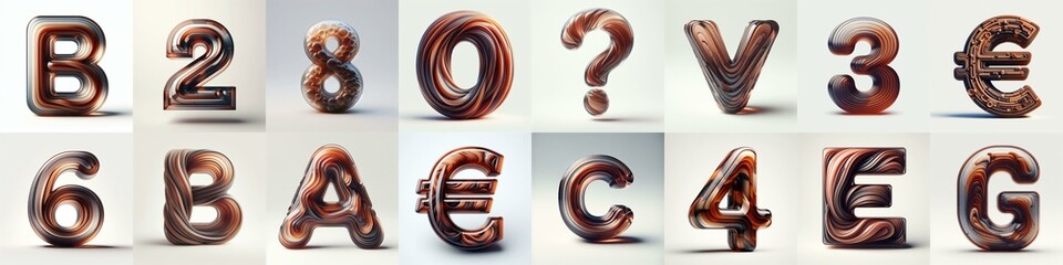 Brown glass 3D Lettering Typeface. AI generated illustration