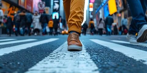 Man in Leather Sneakers Boldly Navigates Busy City Street Amidst Throngs of People. Concept City Life, Urban Exploration, Street Style, Bold Fashion Choices, Crowded Streets - obrazy, fototapety, plakaty