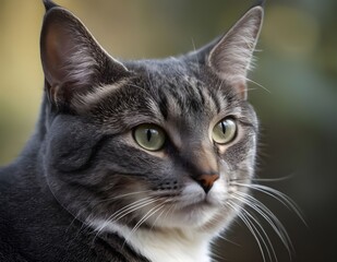 Obraz premium Close-up of a gray and white cat with green eyes