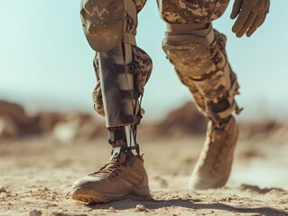 bionic prosthetic leg for military and army soldiers. Close-up. war and combat. Military camp.